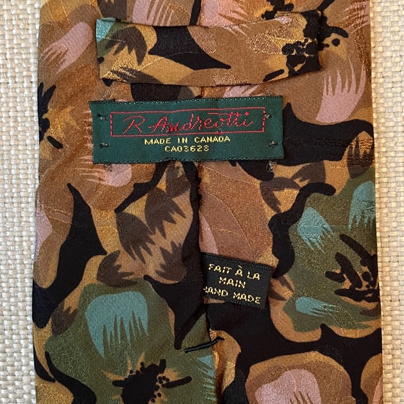 R. Andreotti vintage silk tie, large floral print, teal blue, tan & black - Picture 6 of 9